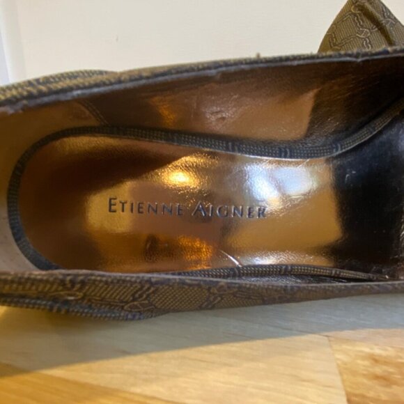 Etienne Aigner Brown Designer Patterned Kitten Heels tan brown gold bow Size 5.5 - Picture 10 of 16